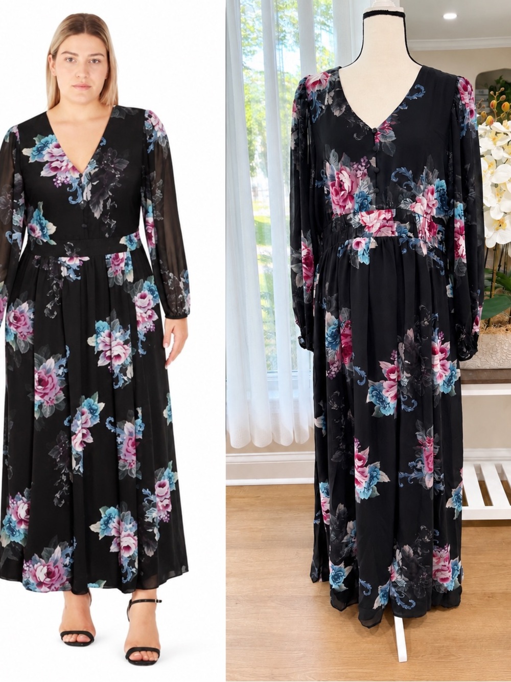 City Chic Floral Maxi Dress Black Shiffon Long Sleeve V Neck Size 14 NWT